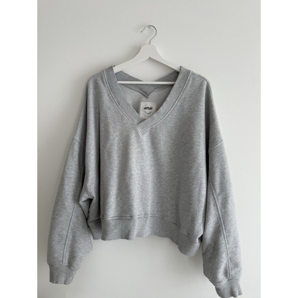 ✿ Aerie Gray V-Neck Cropped Sweatshirt Oversized Cozy Lounge Top XL